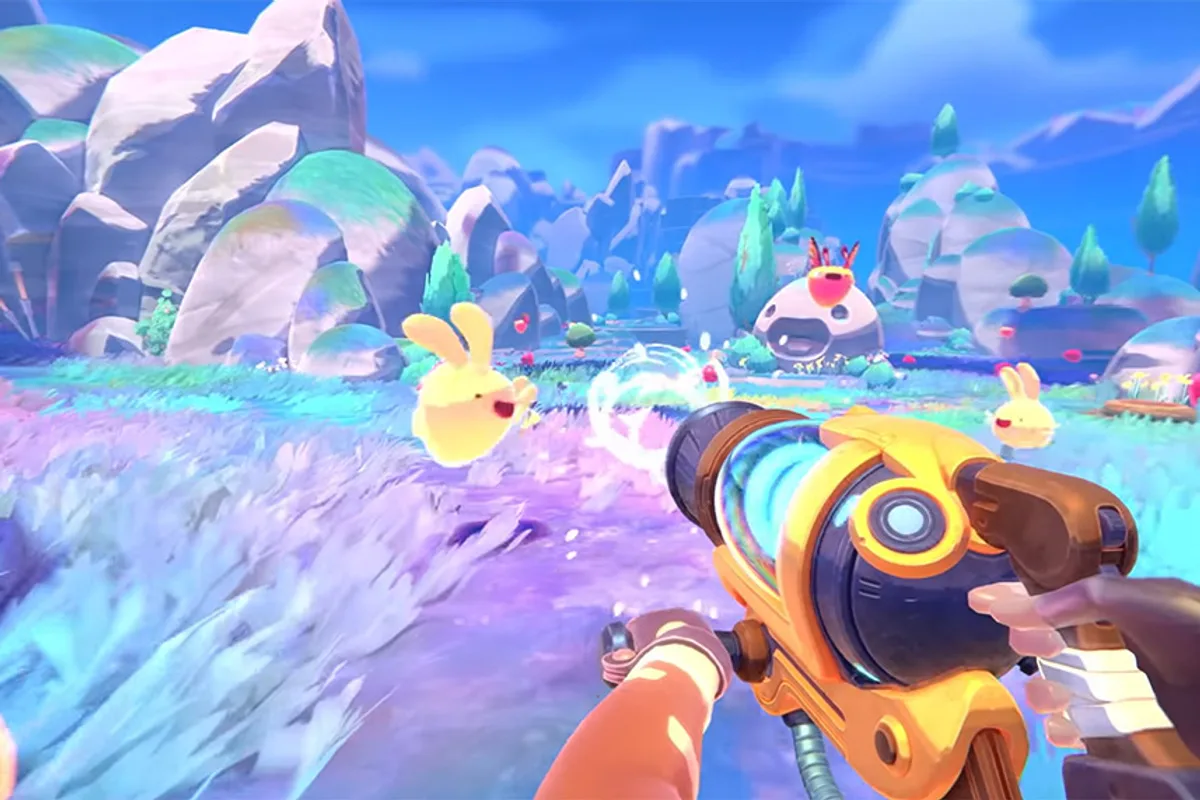 Beatrix explore les paysages lumineux de Rainbow Island avec son vacpack