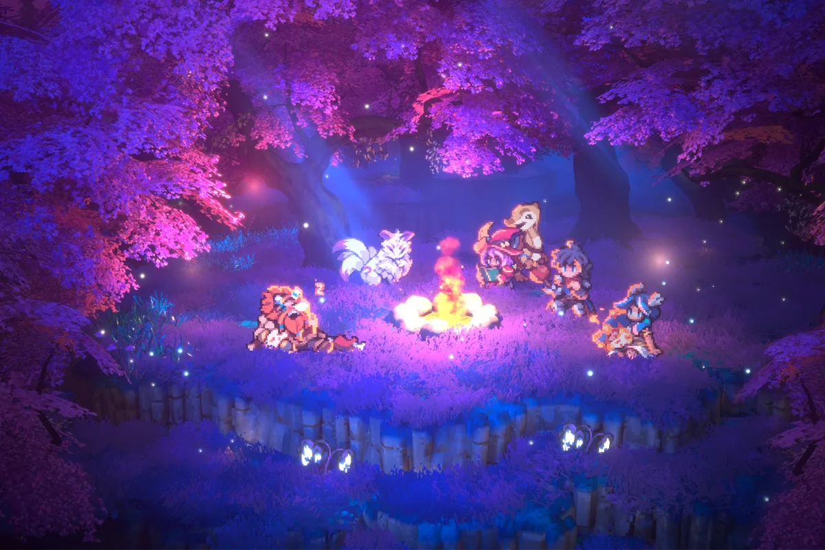 Les héros de Threads of Time se reposent autour d'un feu sous des arbres violets