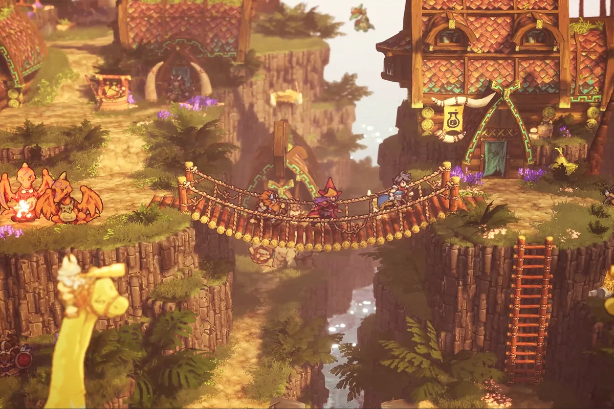 Des aventuriers traversent un pont suspendu dans un village préhistorique peuplé de créatures fantastiques