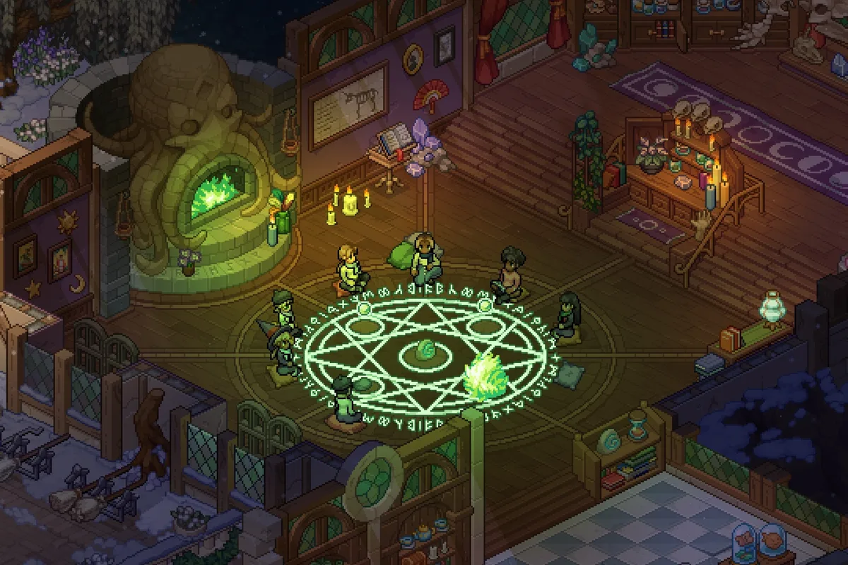 Étudiants réunis autour d'un cercle rituel lumineux dans Witchbrook